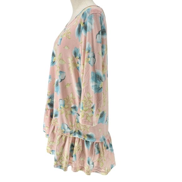 BE Stage Tunic Top Womens XL Floral Print Pink Blue Long Sleeve Ruffled Hem - Picture 5 of 8